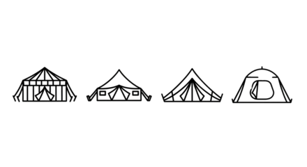 Collection of illustrated camping and circus tents, showcasing various designs and shapes suitable for outdoor adventures and events