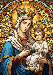 Fototapeta premium Virgin Mary and Child Holy Icon in Stained Glass Style with Ornamental Background, Crowned Madonna Religious Illustration