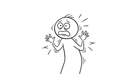 Cartoon Stick Figure Man Panicked and Scared, Shaking in Fear or Shock