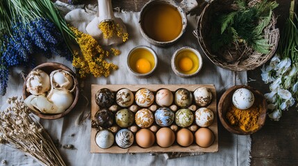 Variety of naturally dyed Easter eggs are displayed on wooden tray, surrounded by bowls of natural dye ingredients and fresh flowers, creating rustic and artistic atmosphere