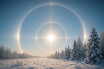 Spectacular solar halo phenomenon including sundogs, caused by diamond dust in a snowy winter forest landscape.