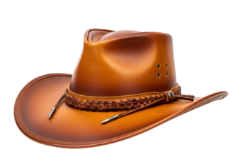 A well-crafted, tan leather cowboy hat with intricate braided detail, presented against a stark black background.