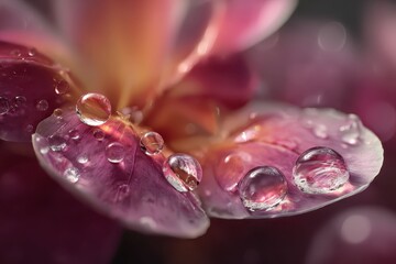 Close-Up of Water Droplets on Pink Flower Petals with Soft Focus