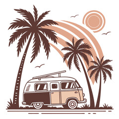 Vintage Van by the Palms with Retro Sun Art Illustration for Summer Adventure and Road Trip Vibes