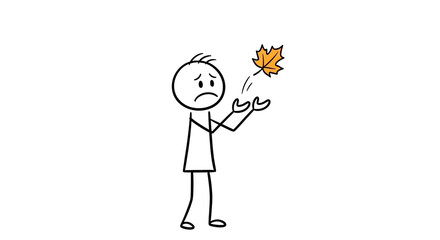 Sad stick figure watching a falling autumn leaf, symbolizing loss, change, or the end of a season