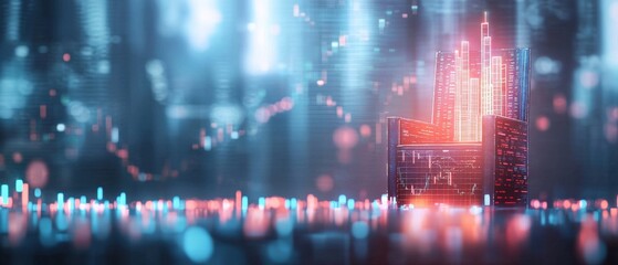 A digital cityscape with glowing skyscrapers and financial graphs, highlighting technology and modern urban environments.
