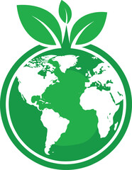 Green earth with leaves eco concept, sustainable planet illustration, environmental protection design, eco friendly globe, renewable world nature graphic