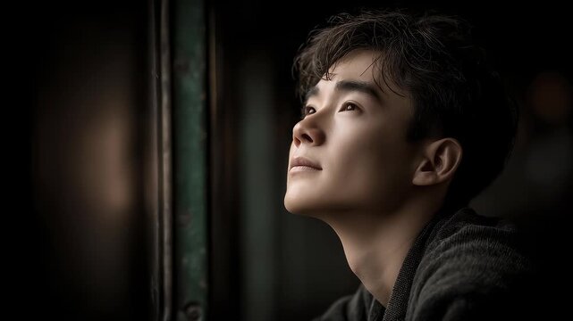 Young man looking up at the sky full of hope and longing
