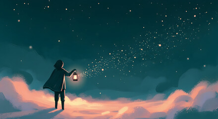 Night Sky Dreamscape Lonely Figure Lantern Hopeful Journey