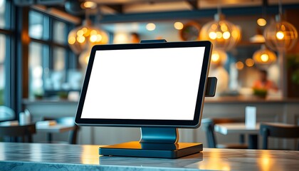 A close-up shot of a modern point-of-sale system with a blank screen, set on a countertop.