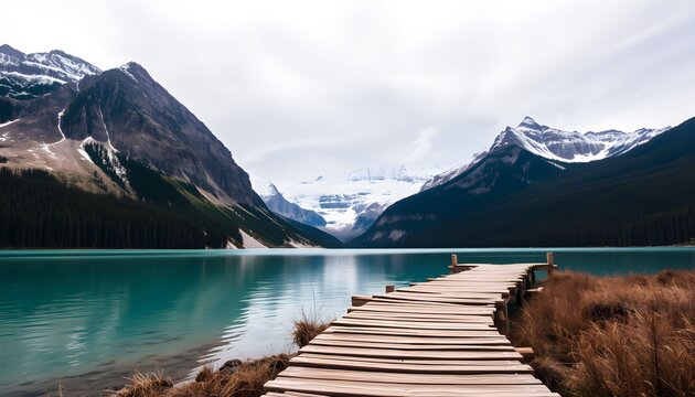 A wooden pier extends into a stunning turquoise lake surrounded by majestic, snow-capped mountains under a cloudy sky.