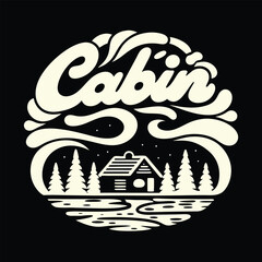 Whimsical Cabin in the Woods Logo Design with Retro Style Typography and Peaceful Nature Scene Depicting Tranquility
