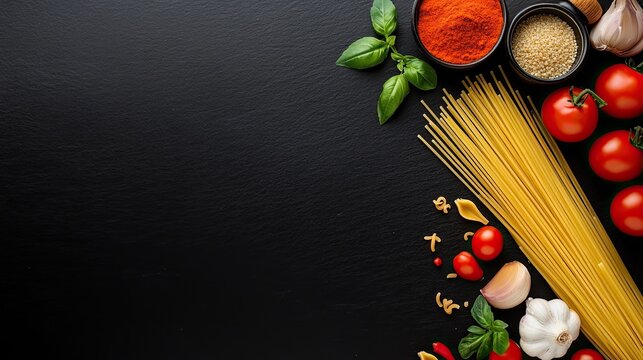 Spaghetti and tomato culinary ingredients on dark background