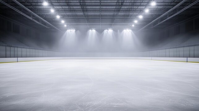 Empty illuminated ice hockey rink interior