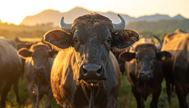 Water buffalo herd at sunset