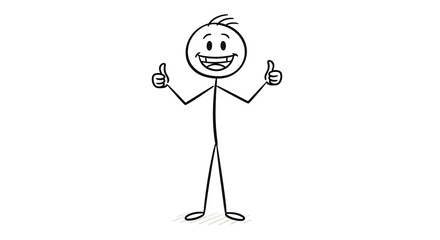 Smiling Stick Figure Giving Double Thumbs Up. Hand Drawn Cartoon Character Showing Approval and Success