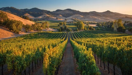 A vast vineyard stretches across a valley, bathed in the warm light of sunset.