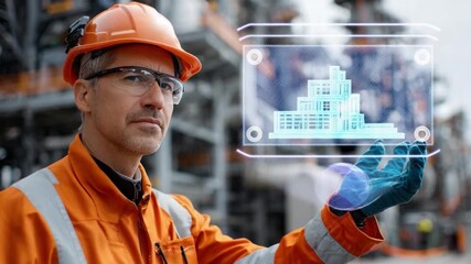 Engineer's Vision: An engineer, clad in protective gear, looks at a futuristic holographic blueprint, set against a backdrop of industrial infrastructure, showing precision and technical expertise.