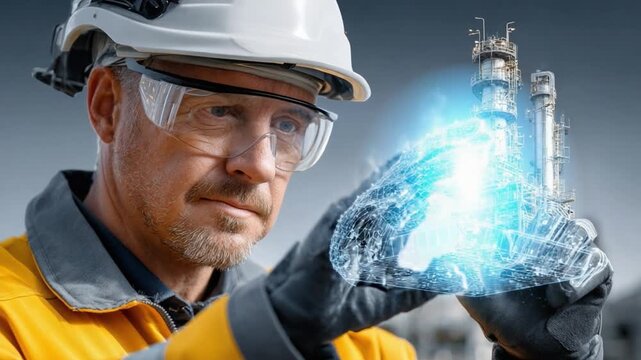 Precision Engineering Vision: A skilled engineer examines a complex blueprint, illuminated by a digital overlay of sophisticated technology. The image signifies technological prowess.