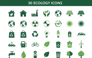 Ecology icons set, eco friendly symbols, green energy illustrations, recycling design, sustainable environment icons, renewable resources, nature protection vector pack