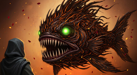 Confrontation with a monstrous obsidian fish creature