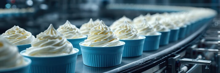 Production line of freshly made soft serve ice cream in blue cups at a factory, showcasing the process in detail
