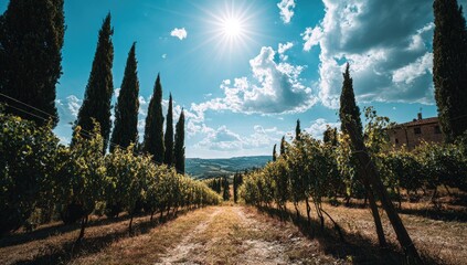 A sun-drenched vineyard path winds through rows of grapevines and cypress trees, showcasing a scenic Italian countryside landscape.