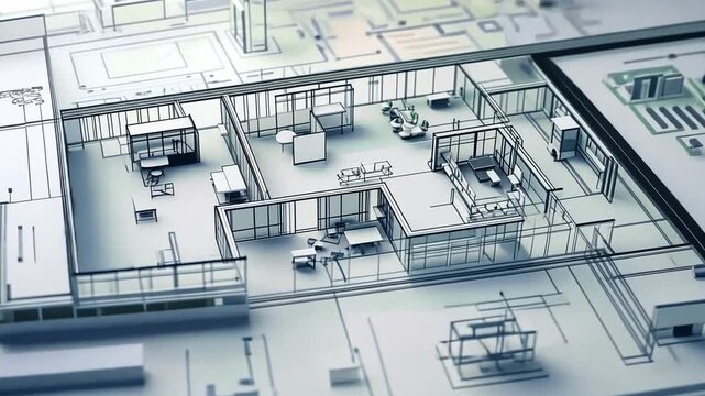 3D model of an office space atop blueprint
