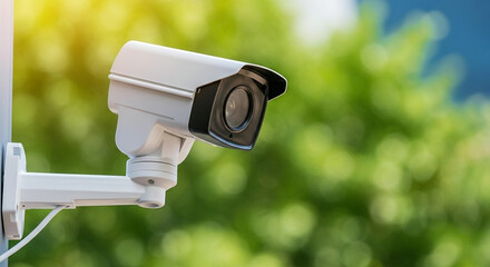 Outdoor surveillance camera mounted on a pole with a green leafy background and sunlight.