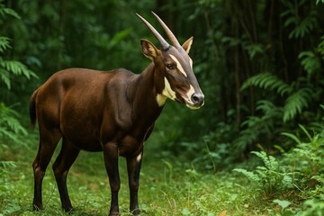 A rare Saola (Pseudoryx nghetinhensis), also known as the Asian Unicorn, standing in the dense green forest of the Annamite Range.