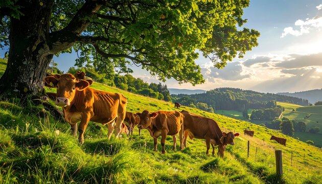 Cows grazing under a tree on a hillside