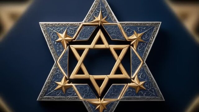 A stylized Star of David, gold and blue, representing Judaism and faith.