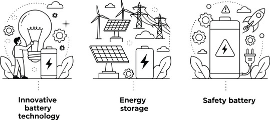 Battery technology concept, energy storage, renewable energy, safety battery icon, solar panel, wind turbine, electricity, innovative power solution vector illustration