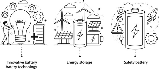 Battery technology concept, energy storage, innovative battery design, green energy, safety battery icon, power solution vector illustration
