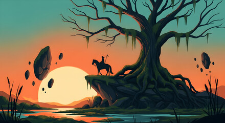 Sunset Rider Silhouette Fantasy Landscape Artwork Digital Painting
