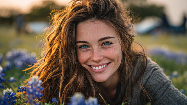 beautiful smiling woman lying on green grass in wildflower field during sunset moment showing peaceful relaxation joy and connection to nature outdoor life - Powered by Adobe