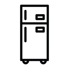 Minimalist gray line art illustration of a refrigerator with upper freezer, lower compartment, handles, and circular feet on blue