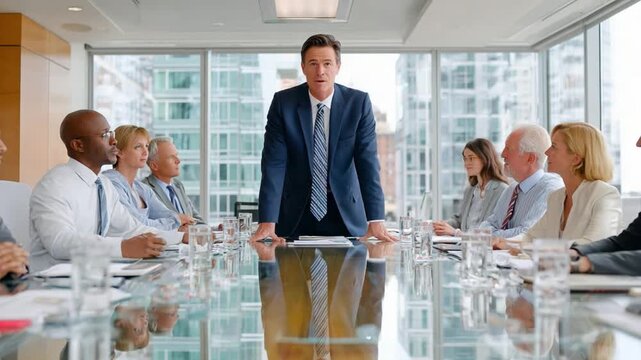 Corporate Congregation: A distinguished business leader confidently addresses a panel of colleagues within a bright, contemporary boardroom, fostering an atmosphere of collaboration and strategy.