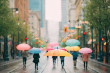 Obraz premium bustling street under gentle rain transformed into ar experience filled with colorful umbrellas that float above