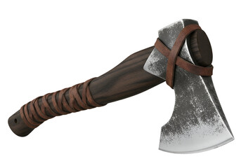 A meticulously crafted medieval axe, featuring a dark wooden handle wrapped in brown leather, and a worn, steel blade, is displayed against a black background.