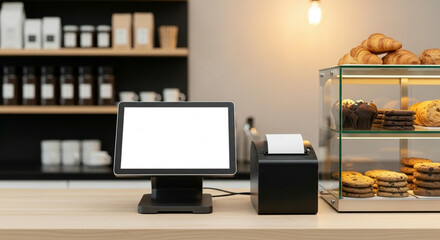 Empty POS terminal on counter in a cafe.