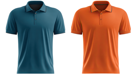 Two polo shirts, teal and orange, displayed side-by-side.  Both feature short sleeves, a collared neckline, and a button placket.  The garments appear to be blank templates or mockups