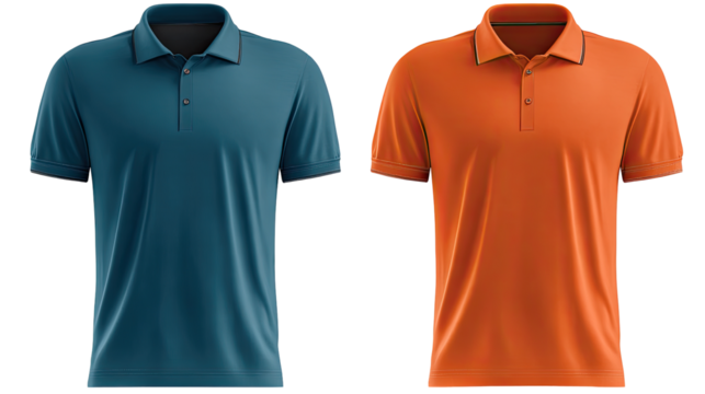 Two polo shirts, teal and orange, displayed side-by-side.  Both feature short sleeves, a collared neckline, and a button placket.  The garments appear to be blank templates or mockups