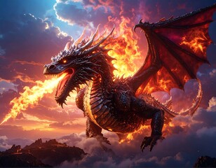 Fiery dragon soaring above clouds at sunset