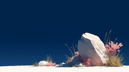 Rocks, grass, and pink bushes against a vivid blue sky on pale ground