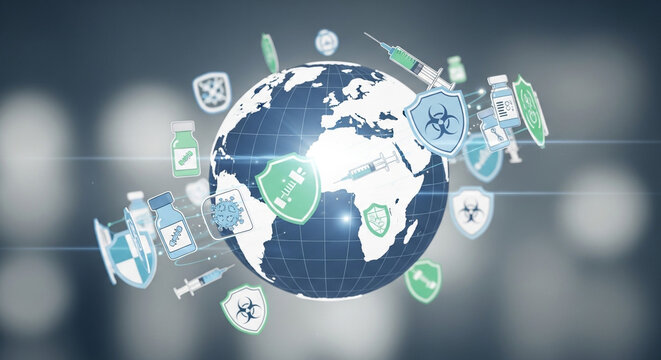 Global health protection with vaccines and shields surrounding planet Earth, fighting viruses worldwide.