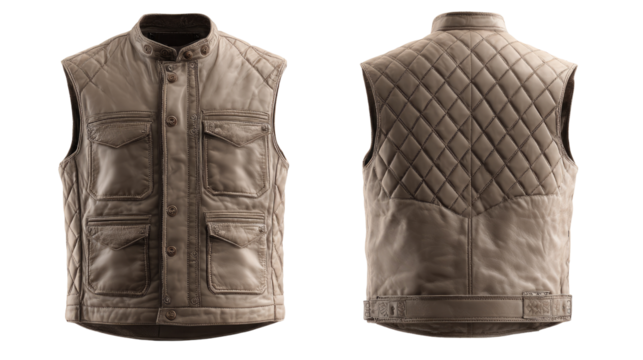 Light beige leather motorcycle vest, front and back views.  Detailed quilted pattern on the back.  Several pockets.  Classic style