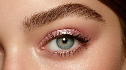 Obraz premium Stunning Close-Up of a Womans Eye Showcasing Elegant Makeup and Shimmering Eyeshadow in Soft Pink Tones