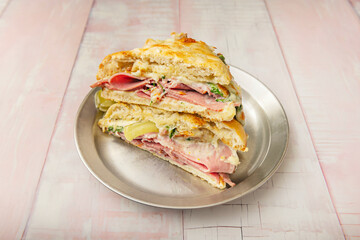 Mortadella and Pistachio Sandwich: Premium Italian cold cuts with stracciatella cheese and black garlic aioli