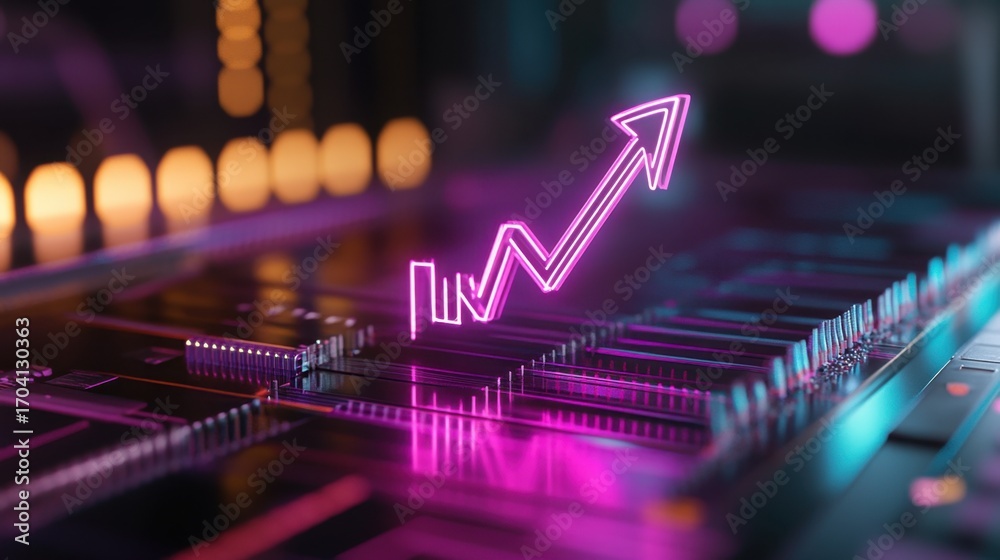 Wall mural neon-lit digital chart with an ascending arrow and tech interface, representing analytics and growth